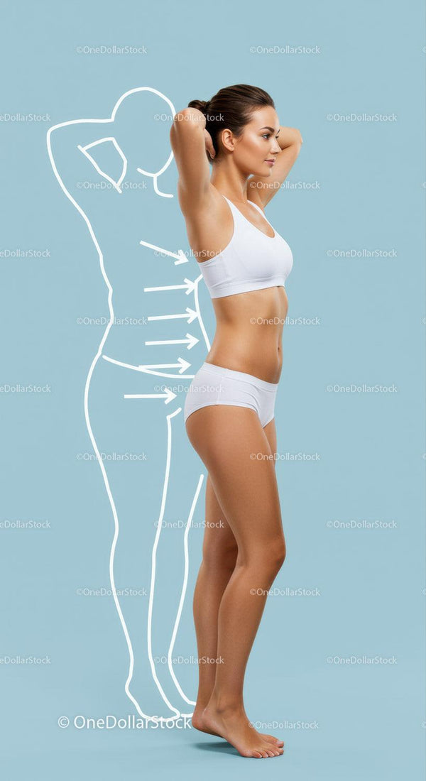Healthy Woman Stretching With Abstract Body Outline On Blue Background