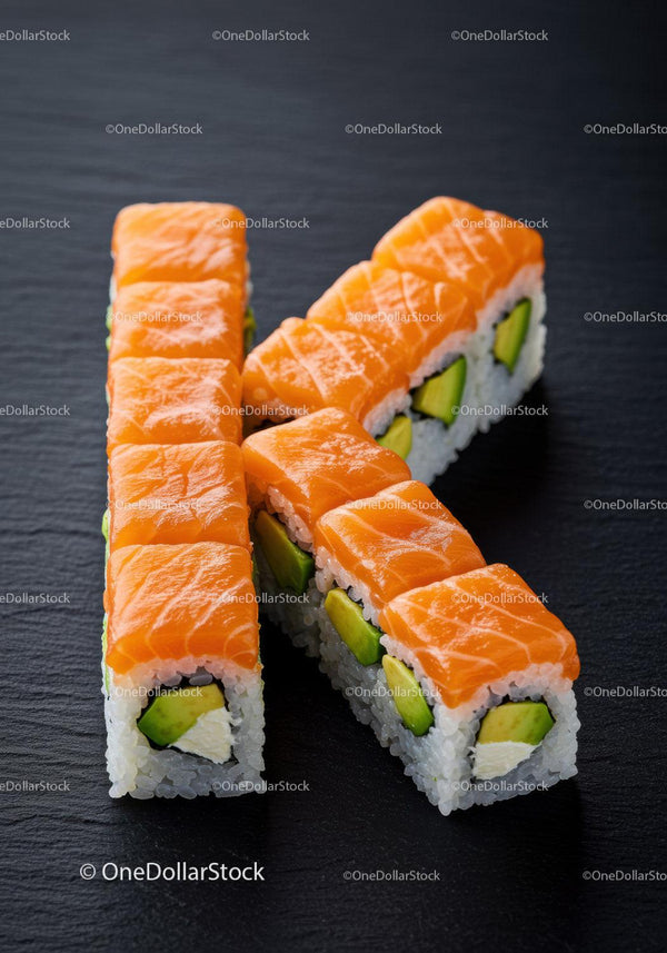 Fresh salmon avocado sushi rolls on black slate
