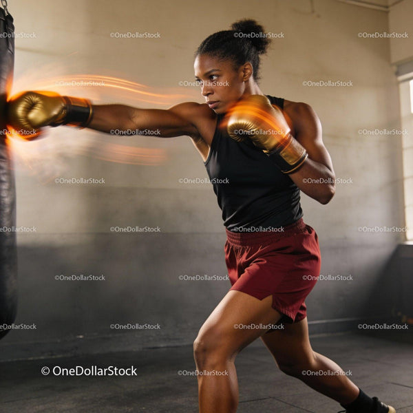 Focused female boxer training with gold gloves in gym