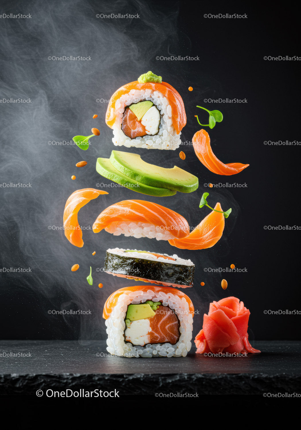 Creative Floating Sushi Roll with Fresh Ingredients