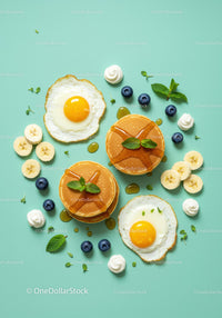 Stacked pancakes with fried eggs and fresh fruit