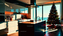 Modern kitchen with decorated Christmas tree at sunset