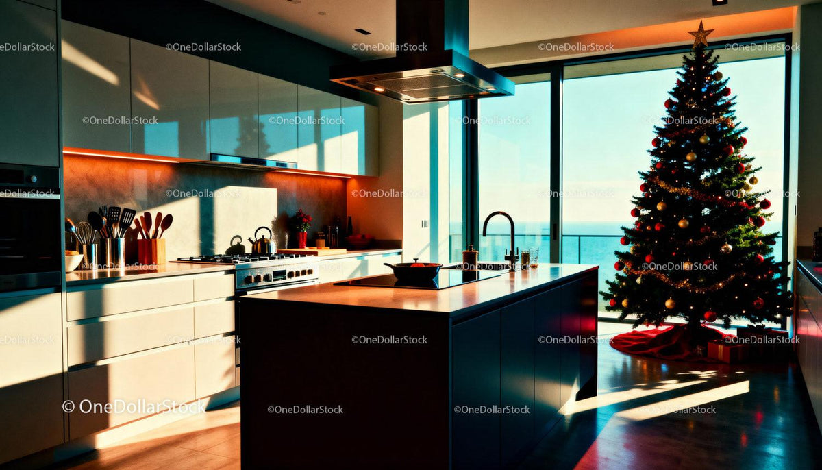 Modern kitchen with decorated Christmas tree at sunset