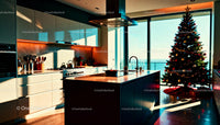 Modern kitchen with decorated Christmas tree at sunset