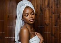 Elegant Woman Relaxing in Spa with White Towel and Wooden Background