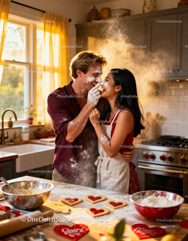 Couple Playfully Baking Heart Cookies in Warm Kitchen