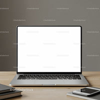 Modern laptop with blank screen on wooden desk