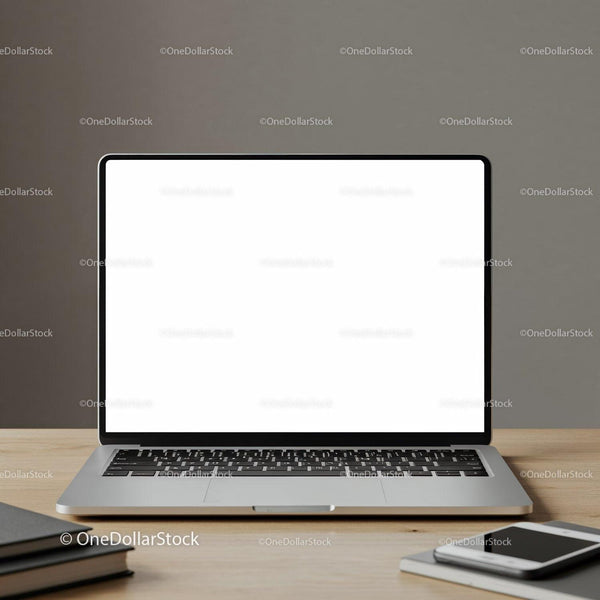 Modern laptop with blank screen on wooden desk JPG Mockup Image