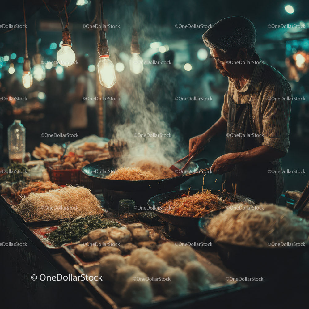 Street Food Vendor Preparing Noodles at Night Market