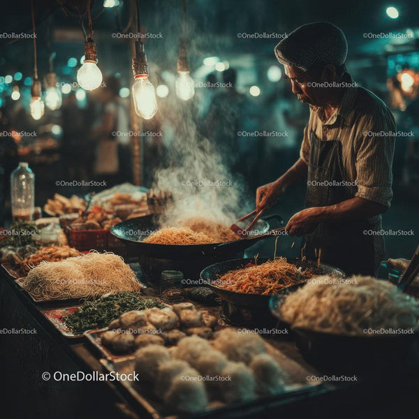 Street Food Vendor Preparing Noodles at Night Market