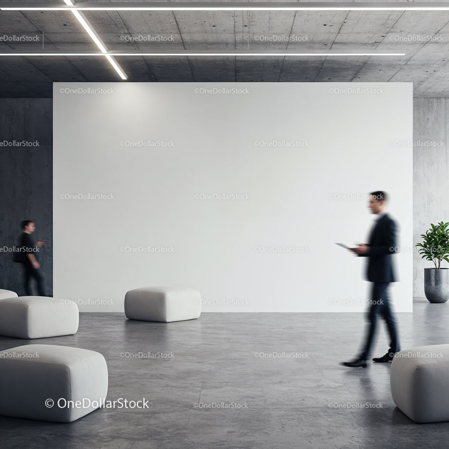 Modern Office Lobby with Blurred Businessmen Moving