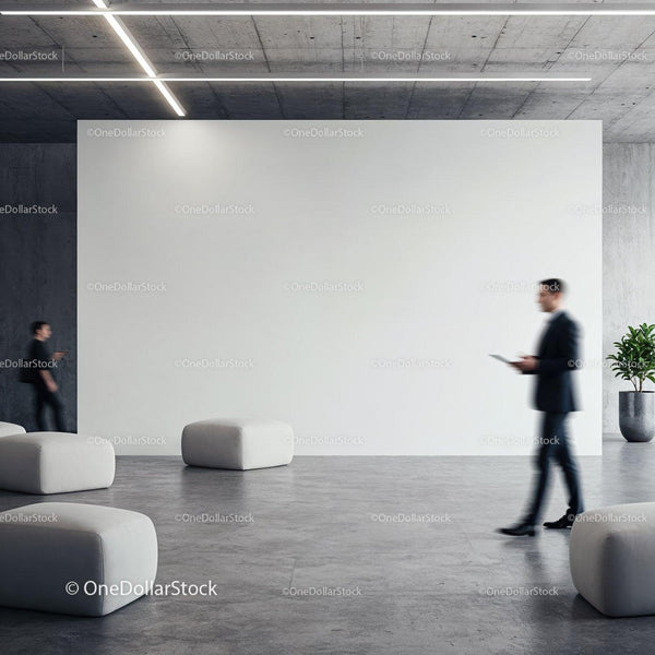 Modern Office Lobby with Blurred Businessmen Moving JPG Mockup Image