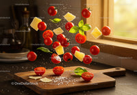 Fresh cherry tomatoes, basil and cheese flying over wooden board