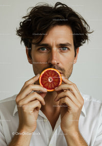 Male Model Holding Blood Orange Slice for Fresh and Healthy Lifestyle