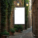 Cozy narrow street with glowing lanterns and blank sign