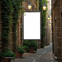 Cozy narrow street with glowing lanterns and blank sign