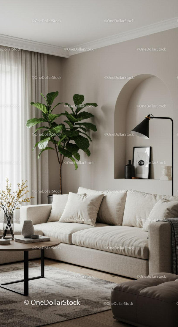Cozy neutral living room with greenery and modern decor