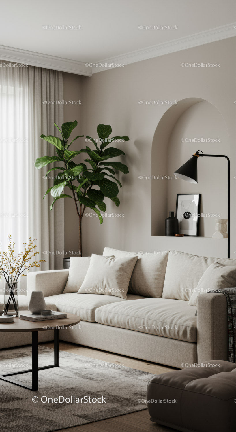 Cozy neutral living room with greenery and modern decor
