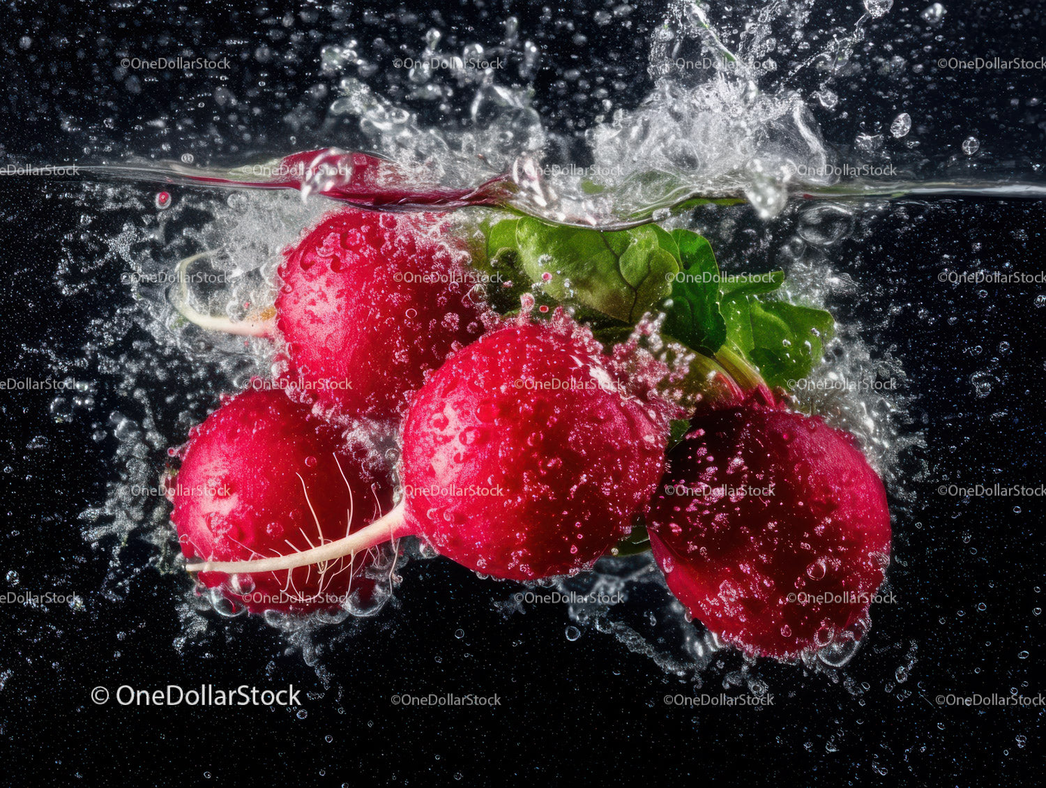 Fresh Radishes Splashing into Water in Vibrant Colorful Scene