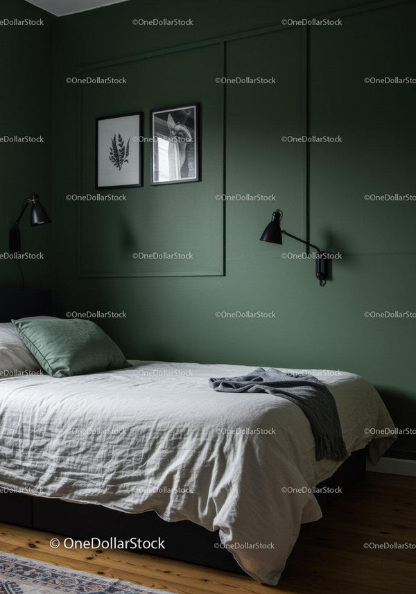 Green Wall Bedroom with Minimalist Decor and Cozy Bed