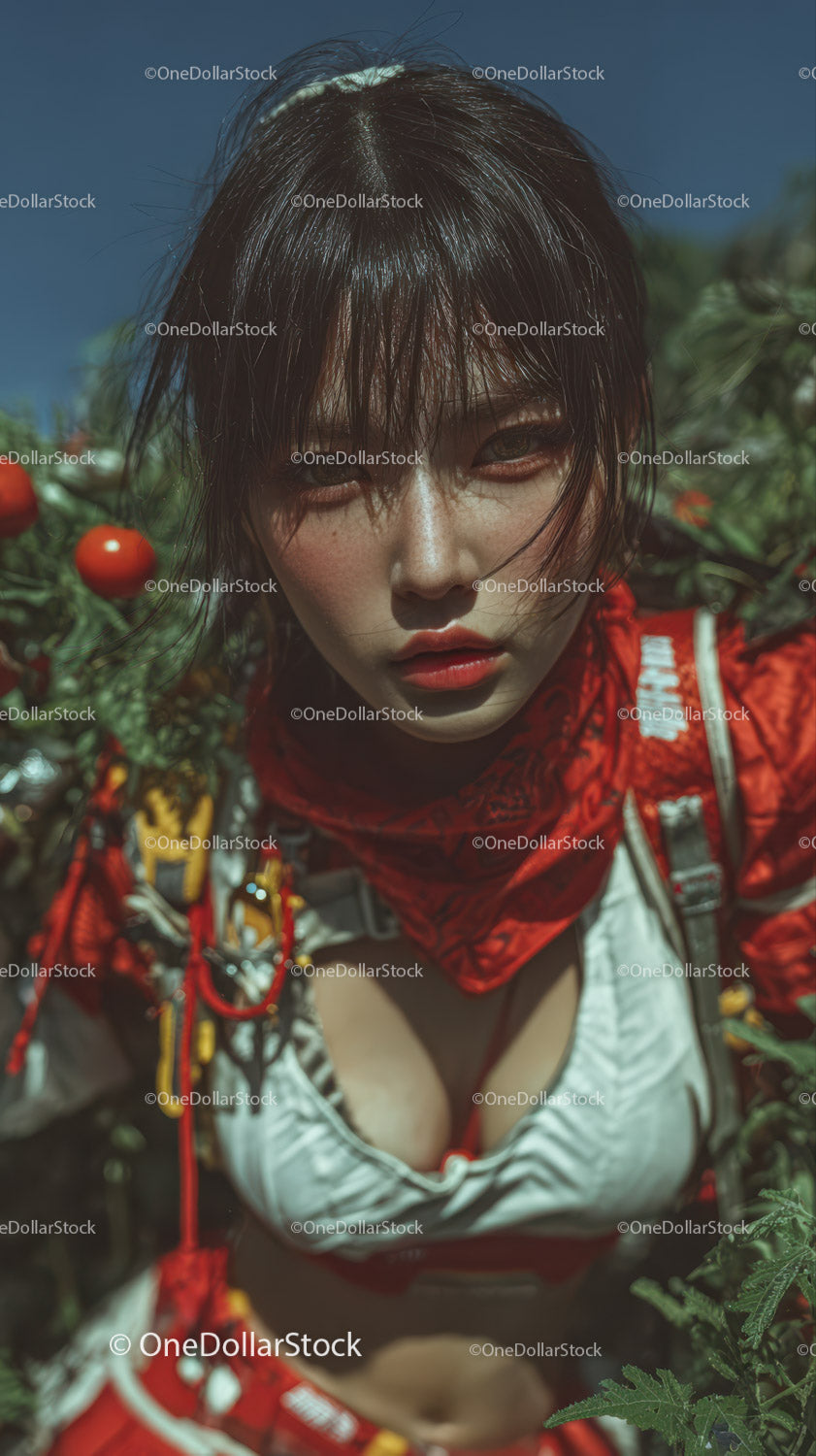 Fashion Model in Red Jacket Surrounded by Tomato Plants in Sunlit Garden