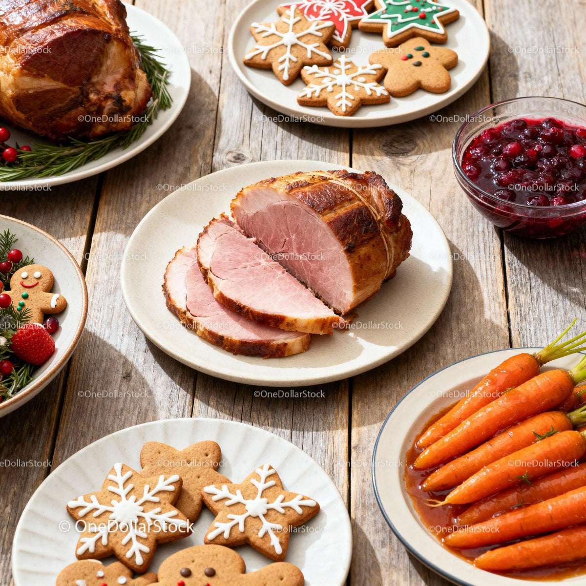 Sliced glazed ham with holiday carrots and gingerbread cookies
