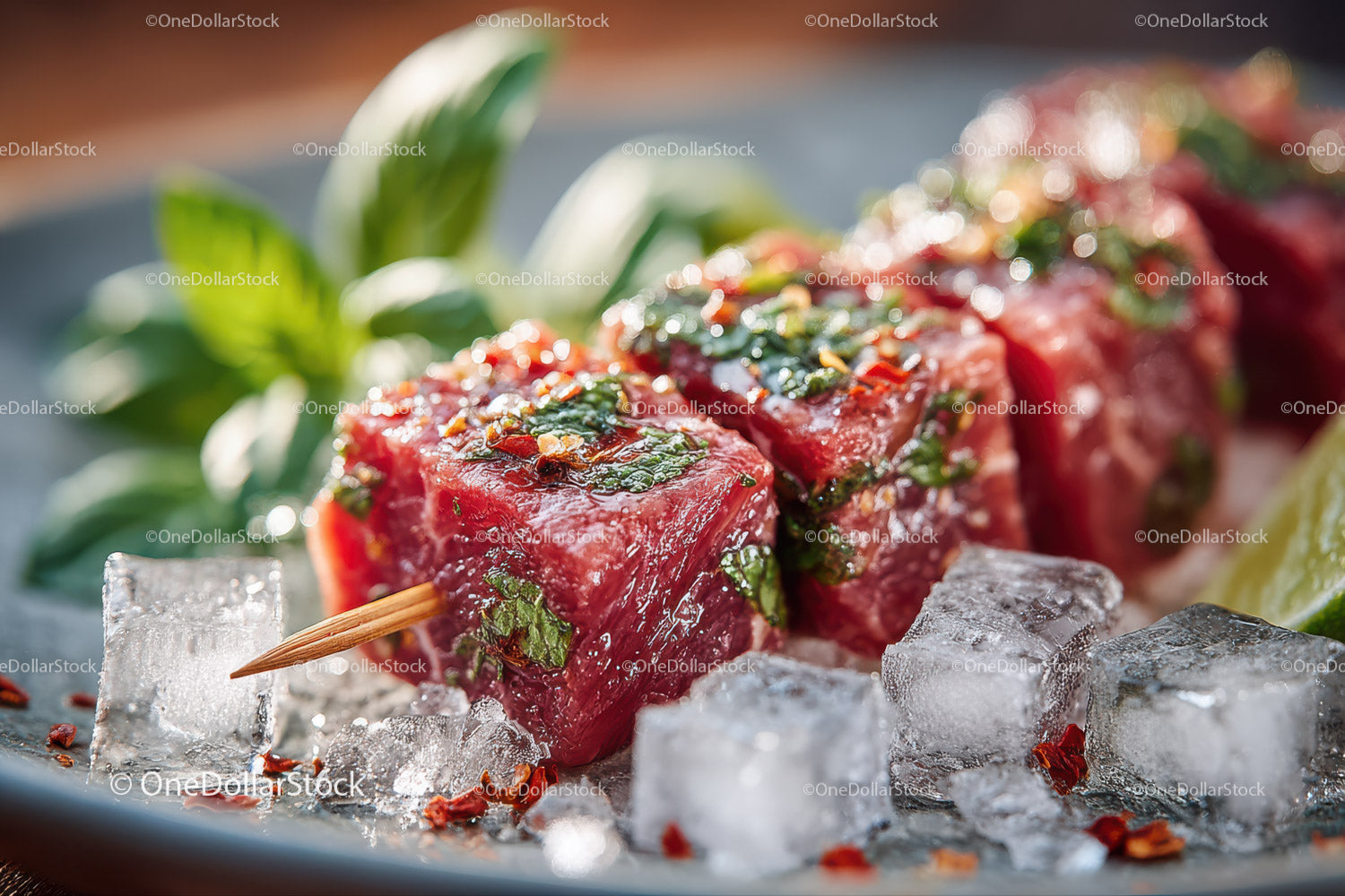 Fresh Beef Skewers with Herbs and Ice for Summer Grilling