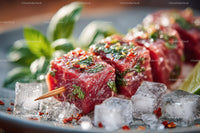 Fresh Beef Skewers with Herbs and Ice for Summer Grilling