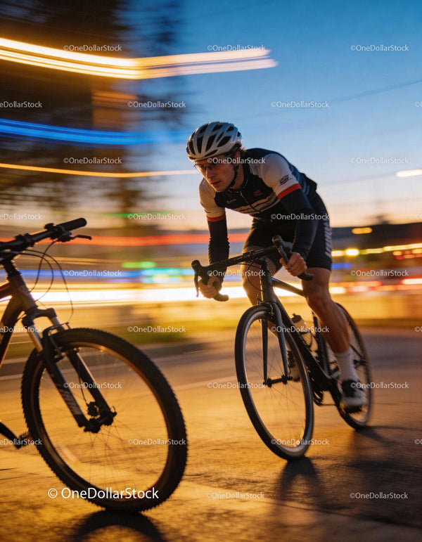 Focused Cyclist Racing Through City Streets at Dusk