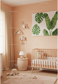 Modern Baby Nursery with Green Monstera and Banana Leaf Wall Art