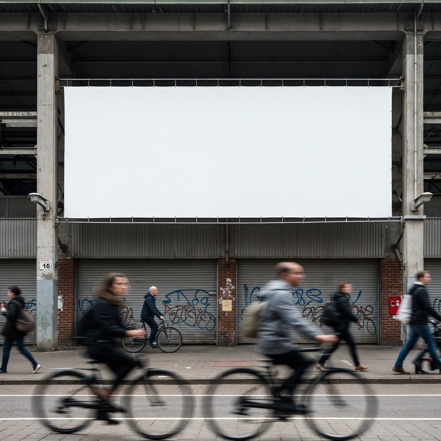 Dojeżdżający do pracy rowerzyści i piesi obok pustego billboardu