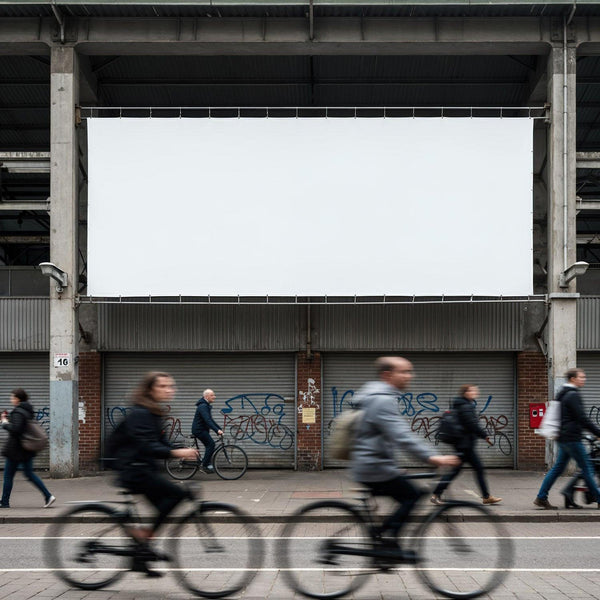 City commuters cycling and walking past empty billboard JPG Mockup Image
