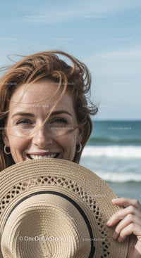 Happy Woman Holding Straw Hat at the Beach with Blue Ocean and Sky