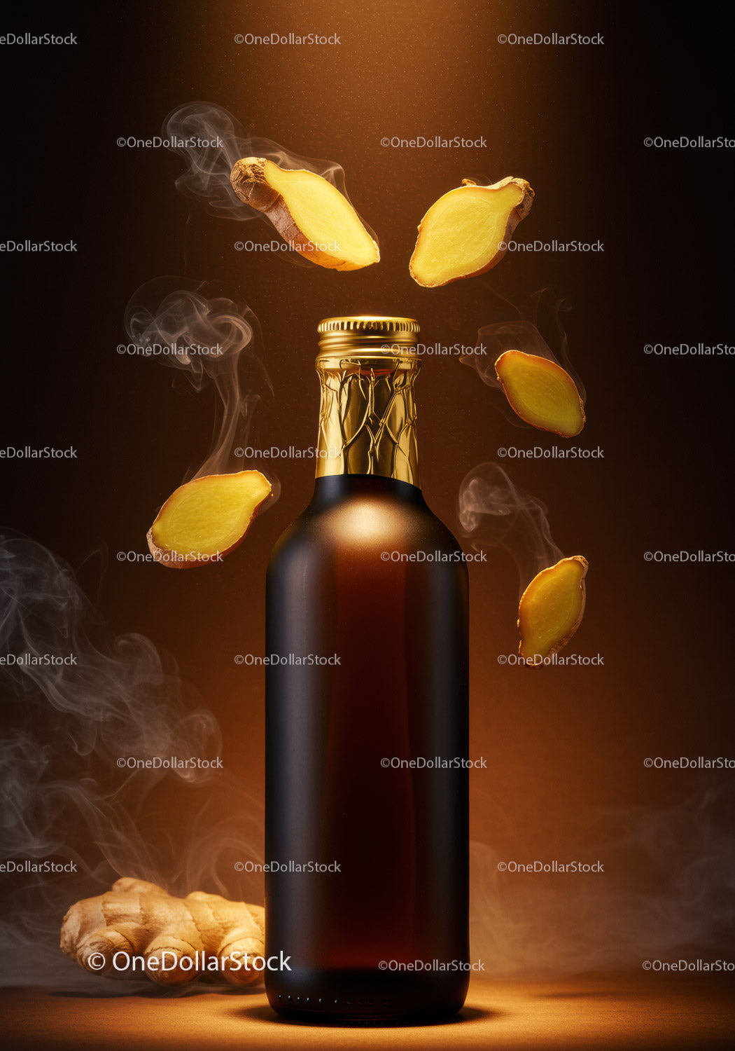 Amber Bottle Surrounded by Floating Ginger Slices and Steam
