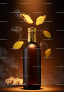 Amber Bottle Surrounded by Floating Ginger Slices and Steam