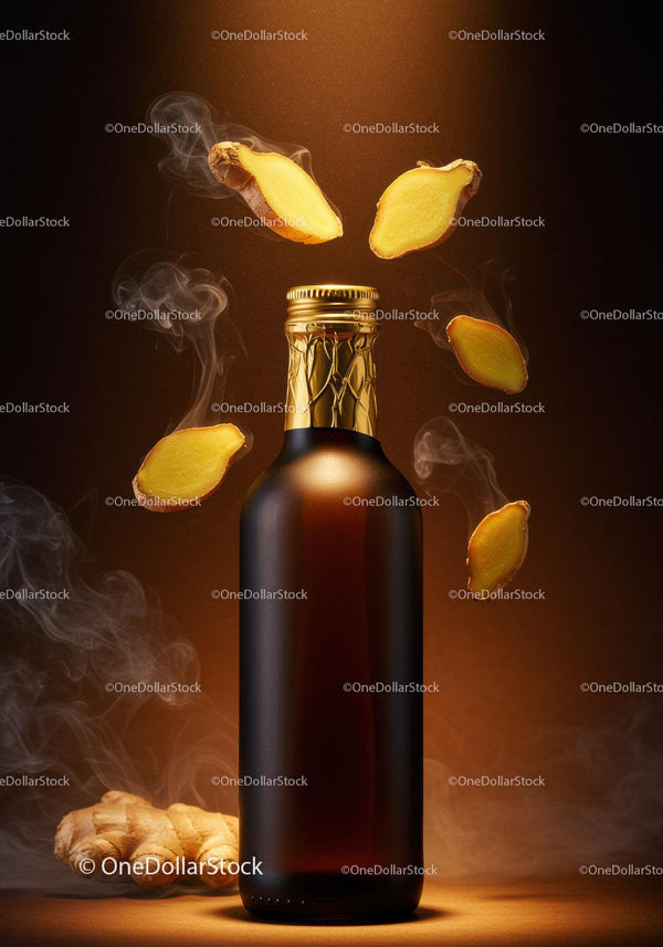 Amber Bottle Surrounded by Floating Ginger Slices and Steam