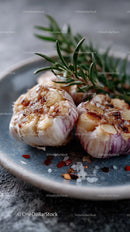 Roasted Garlic with Fresh Rosemary on a Ceramic Plate