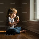 Little child enjoying ice cream by window light