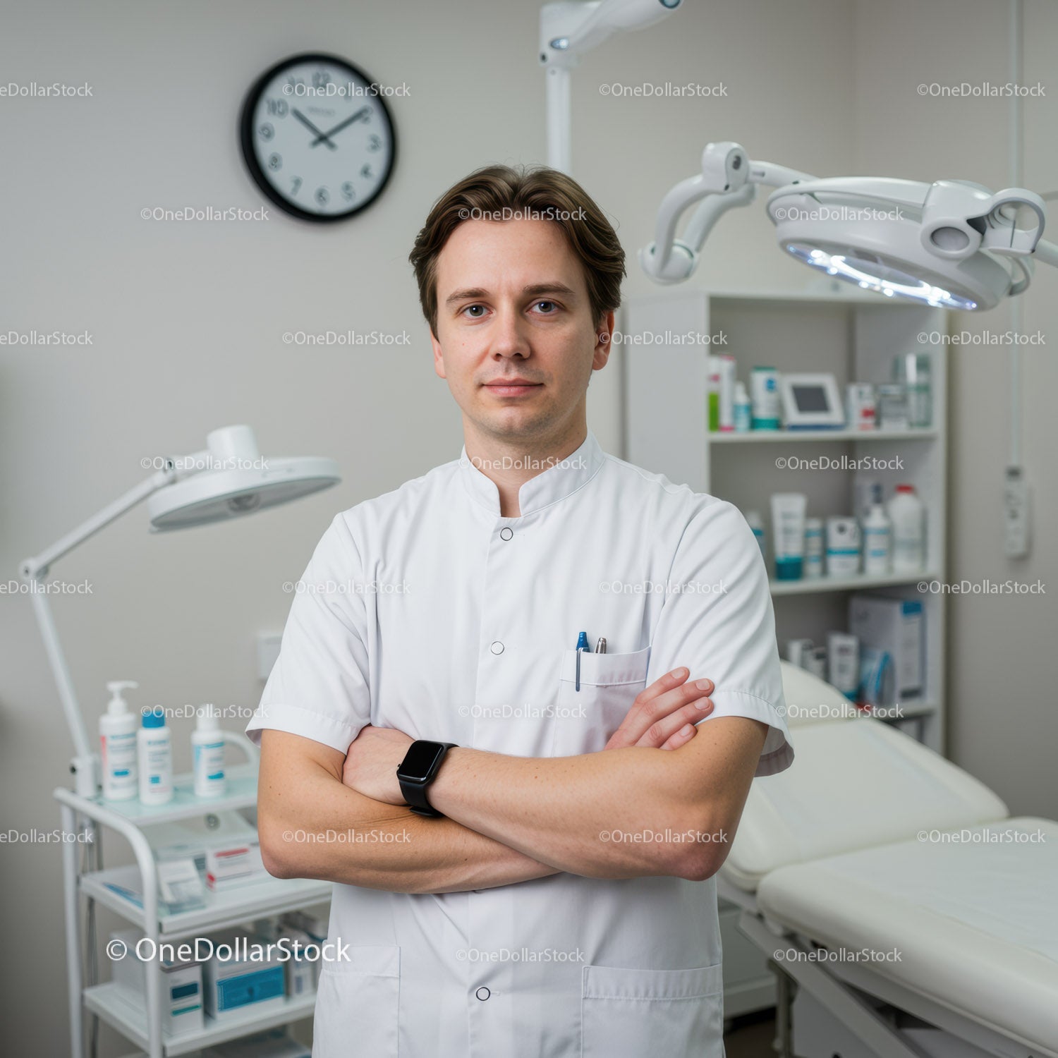 Lekarz pewnie stojący w klinice medycznej z nowoczesnym sprzętem