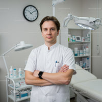 Male Doctor Standing Confidently in Medical Clinic with Modern Equipment