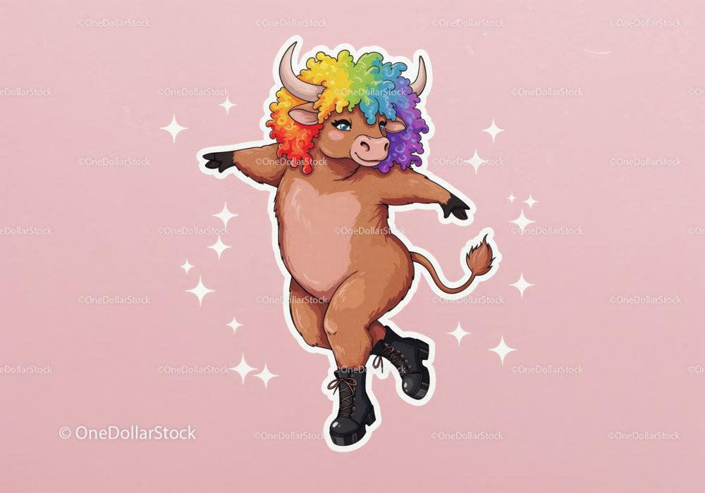 Colorful Cartoon Ox Dancing with Rainbow Hair in a Playful Scene