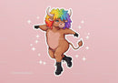 Colorful Cartoon Ox Dancing with Rainbow Hair in a Playful Scene