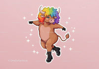 Colorful Cartoon Ox Dancing with Rainbow Hair in a Playful Scene