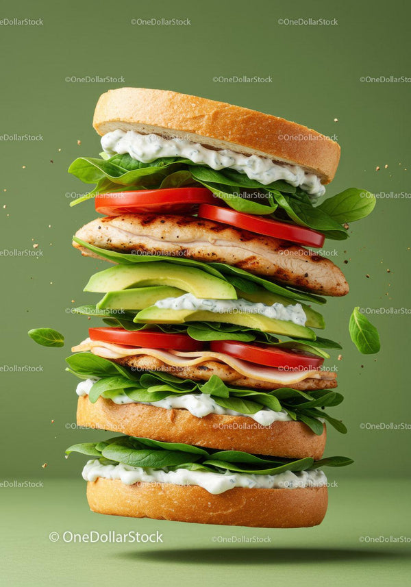 Fresh grilled chicken sandwich with spinach and avocado