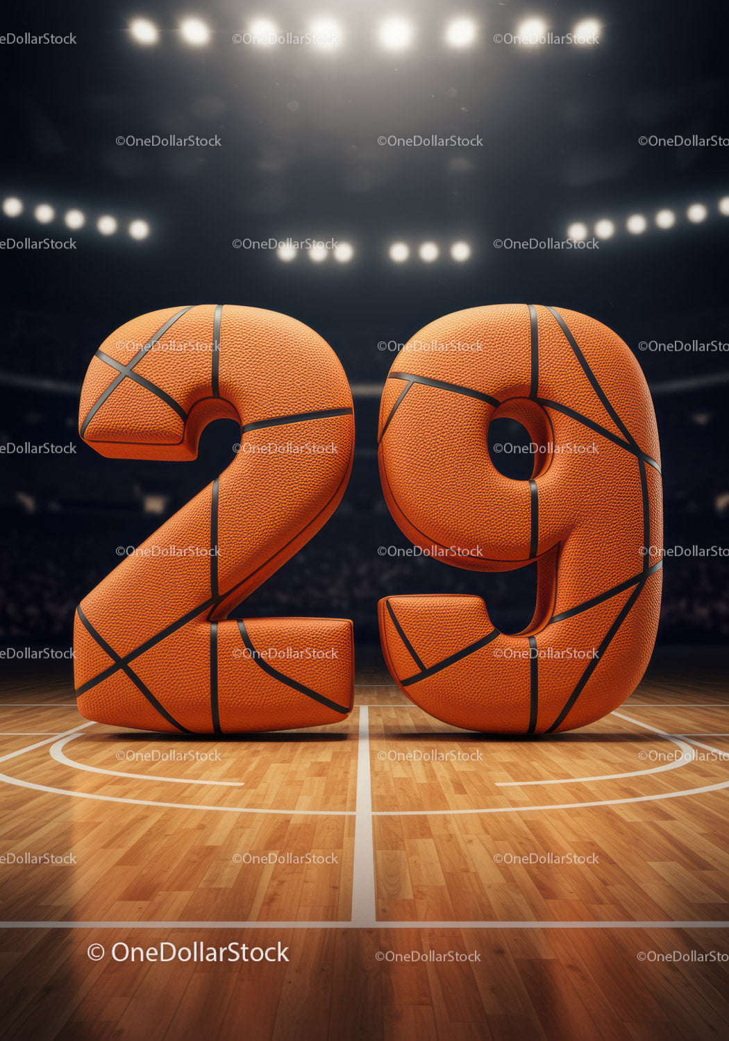 Basketball textured number 29 on court with stadium lights