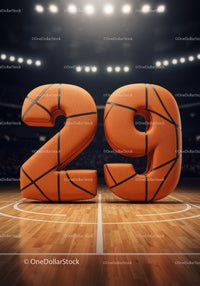 Basketball textured number 29 on court with stadium lights