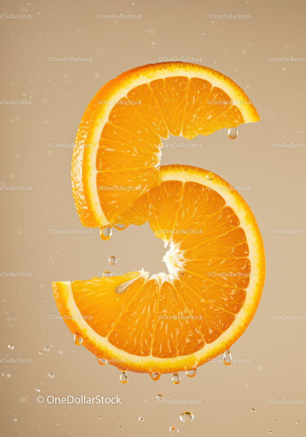Fresh orange slice shaped as number six with water drops