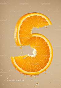 Fresh orange slice shaped as number six with water drops