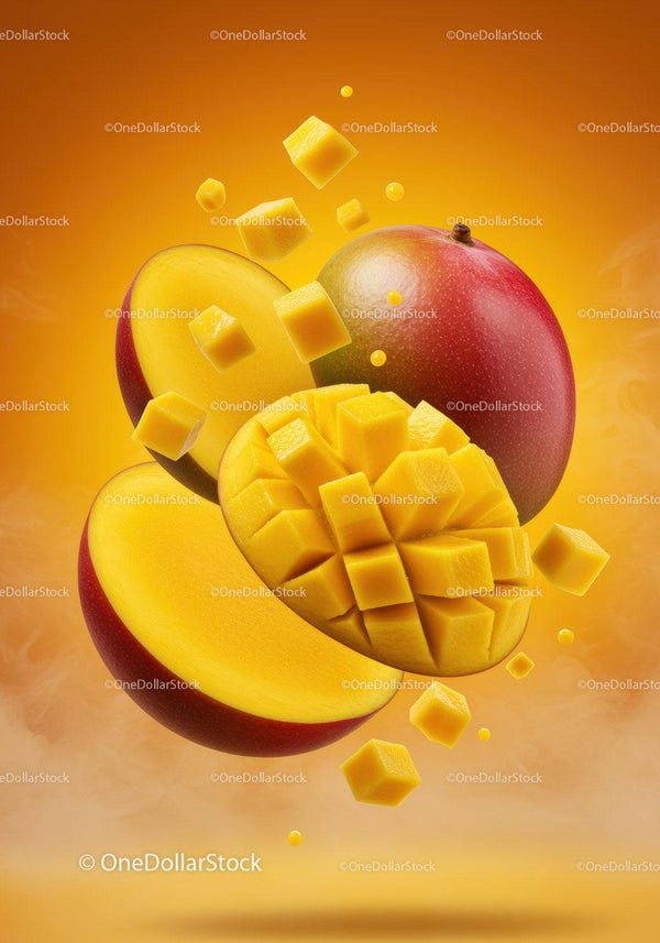Świeże dojrzałe mango z żywymi kostkami na pomarańczowym tle