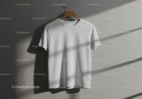 White T Shirt Hanging on Wooden Hanger with Shadows JPG Mockup Image preview